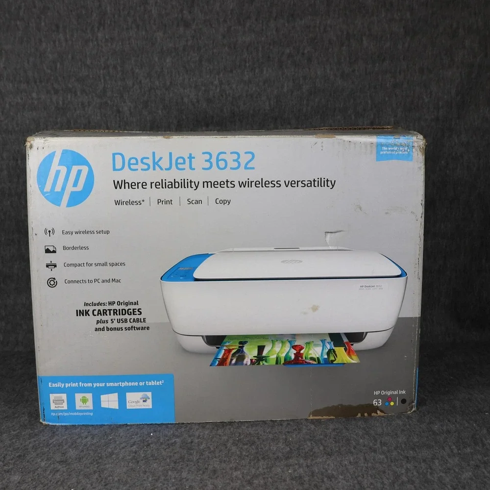 HP DeskJet 3632 All-In-One Inkjet Printer Color WiFi USB Copier Scanner White